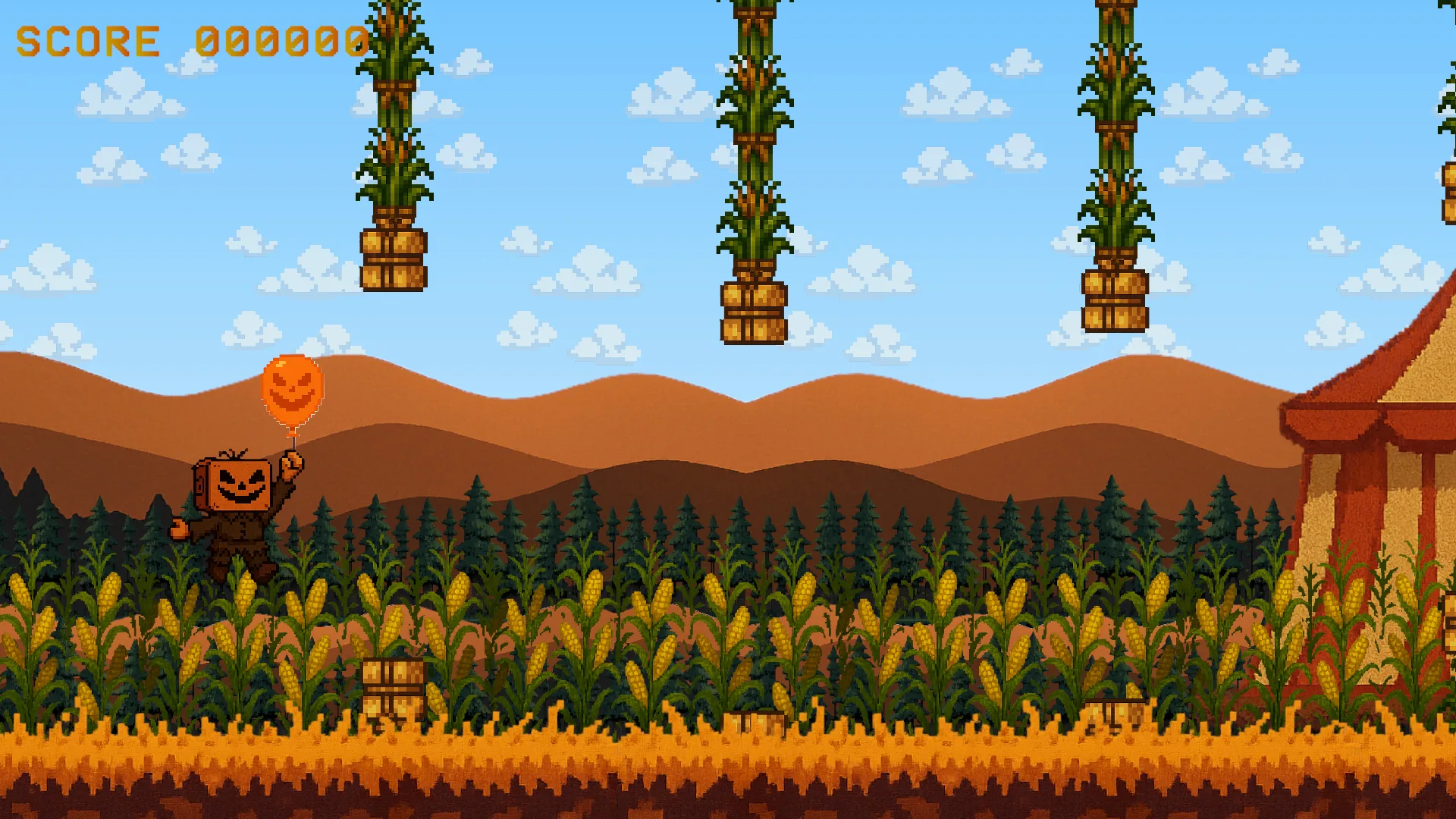 Harvest Flight gameplay showing the pumpkin-headed pilot flying through the cornfield and hanging obstacles.