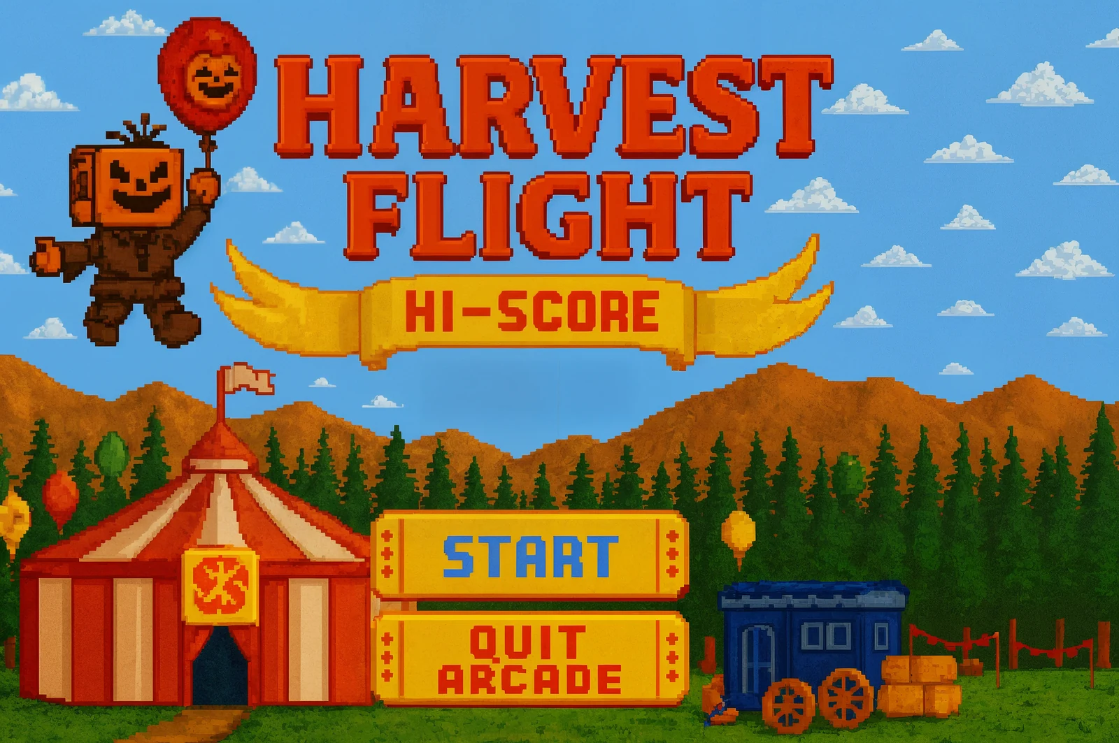 Harvest Flight title screen with pixel-art balloons, a circus tent, mountains, and a small train.