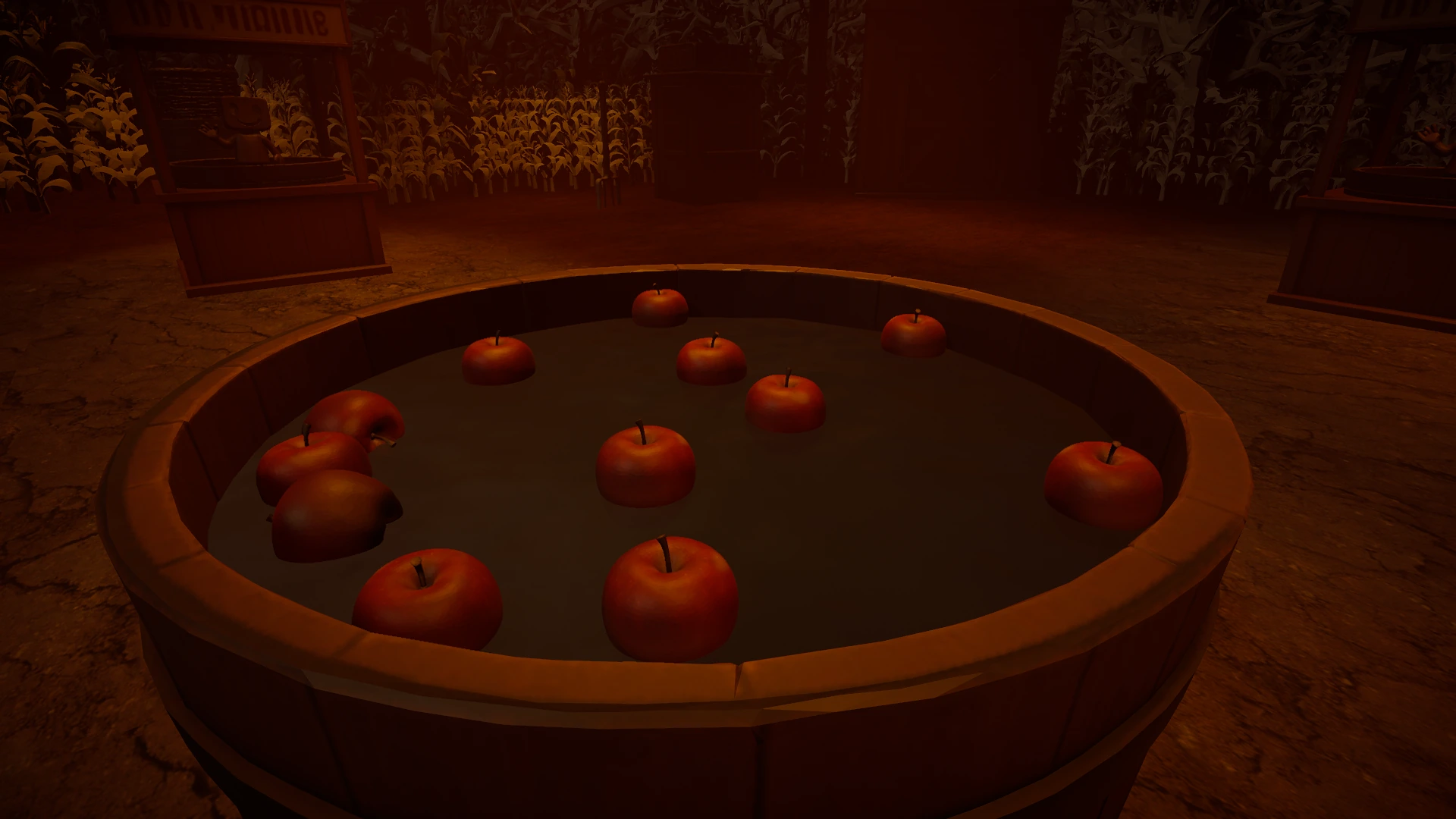 The apple-bobbing attraction inside the foggy carnival from INCLOSED.