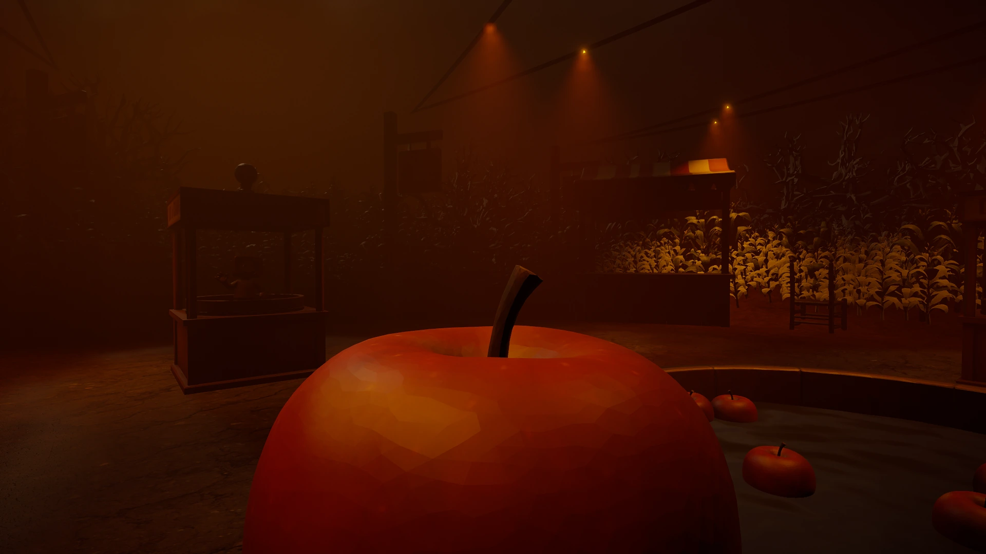 A close view of an apple and the carnival lights in INCLOSED.