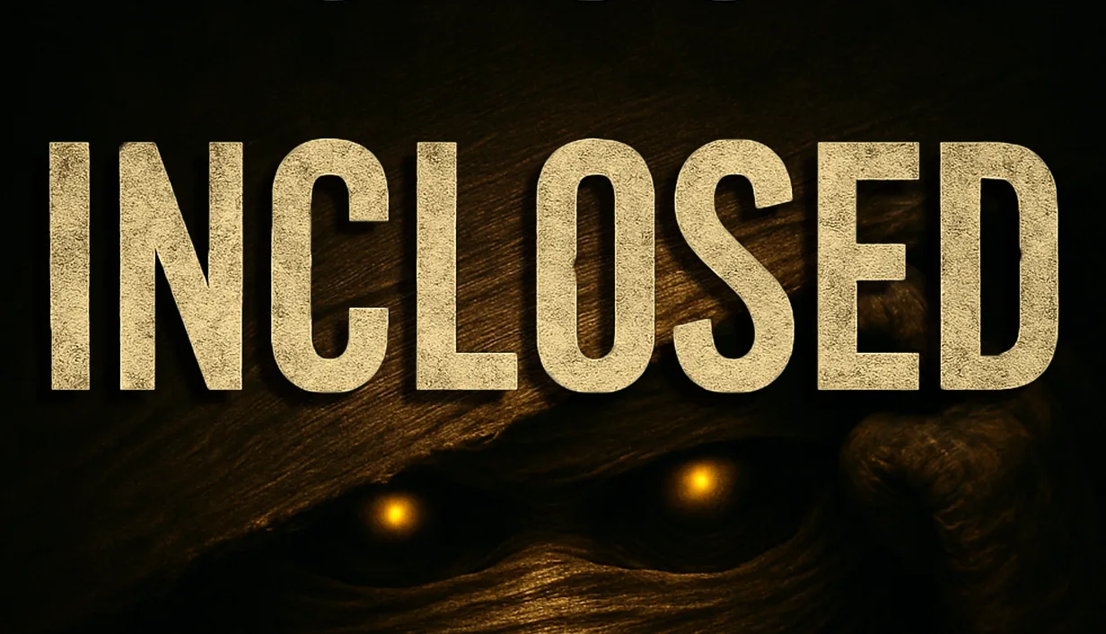 Dark cover art for INCLOSED showing glowing eyes under a hooded face.
