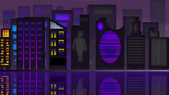 Plug It! gameplay showing the reflected neon city outside the venue.