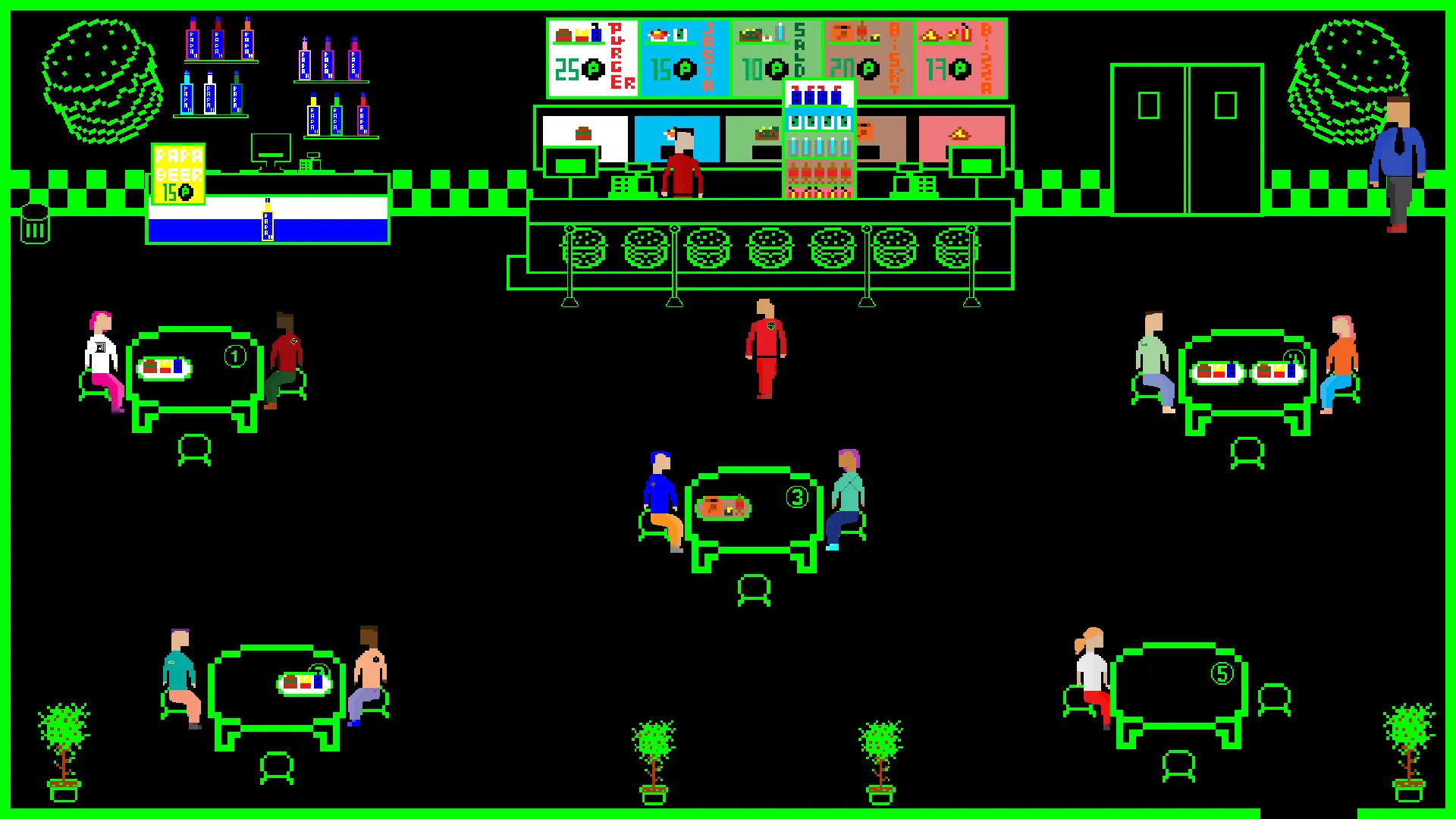 Pristiq: Tash's Trilogy gameplay showing a neon cafe interior with characters at tables.