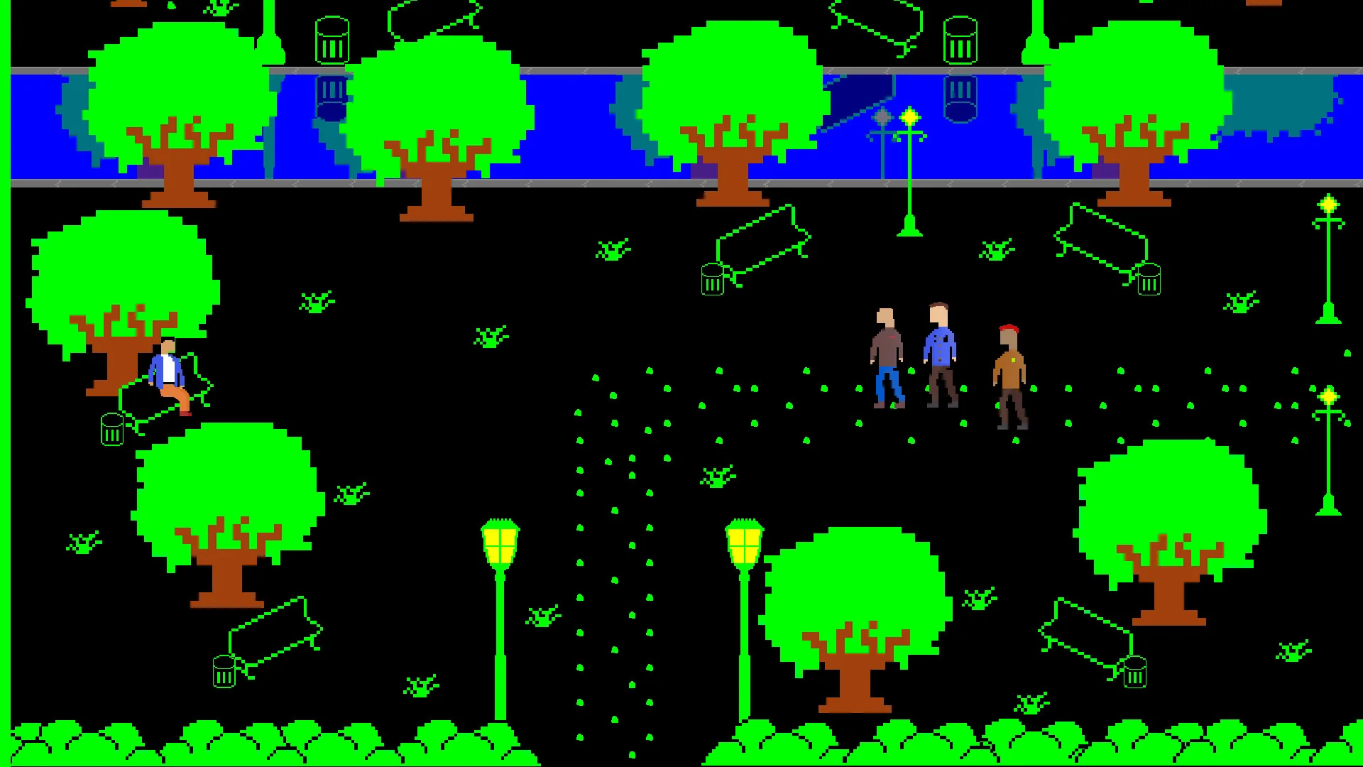 Pristiq: Tash's Trilogy gameplay showing a park path with characters under the trees.
