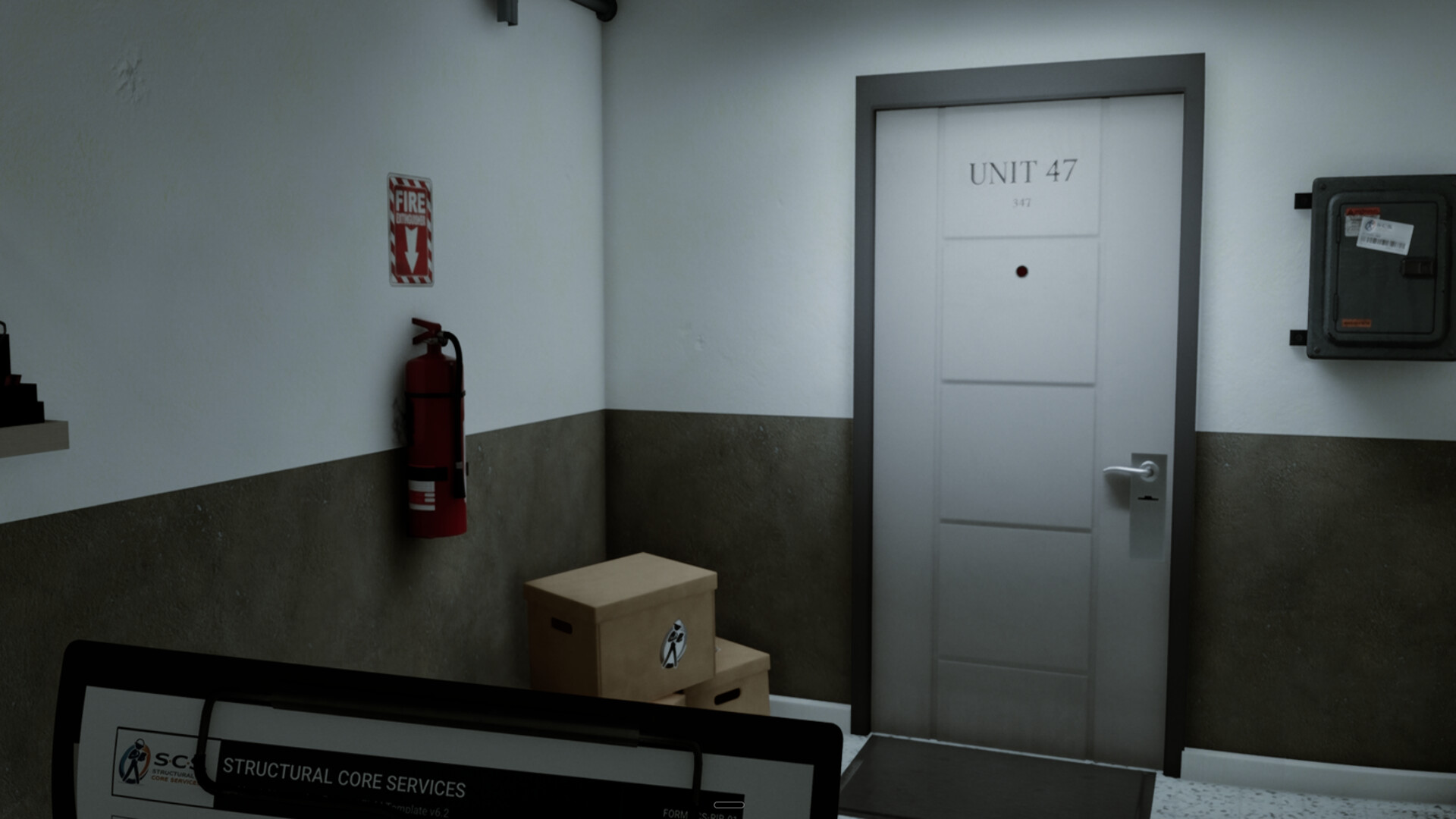 In-game view of Unit 47 in PROPERTY INSPECTION, a psychological horror game by Amir Dayyef.