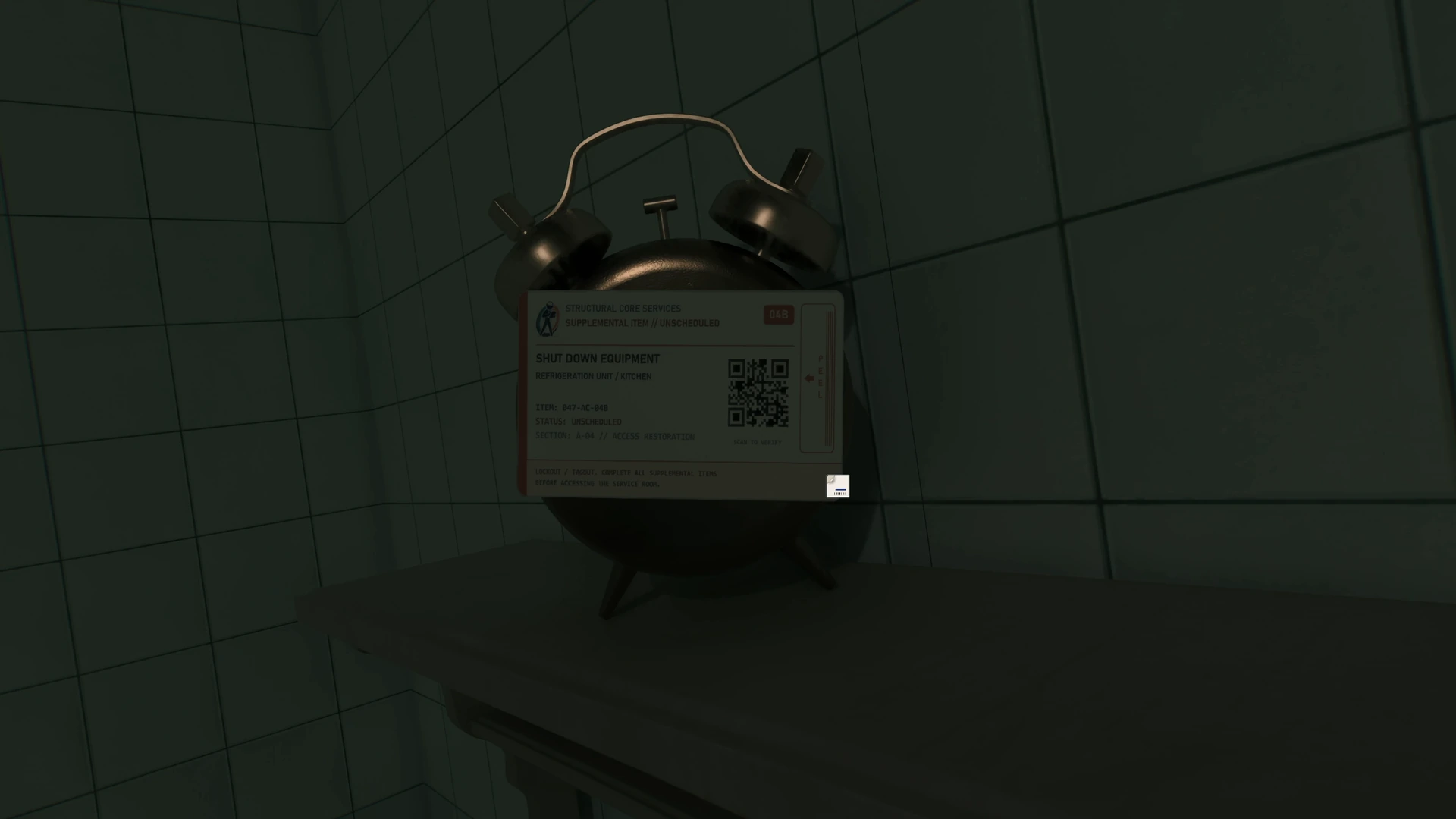 An S.C.S. inspection sticker with a QR code on a bathroom alarm clock in PROPERTY INSPECTION by Amir Dayyef.
