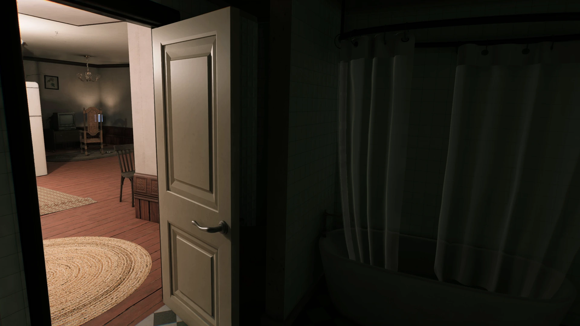Looking out of a dark bathroom through a half-open door into the lit apartment in PROPERTY INSPECTION.