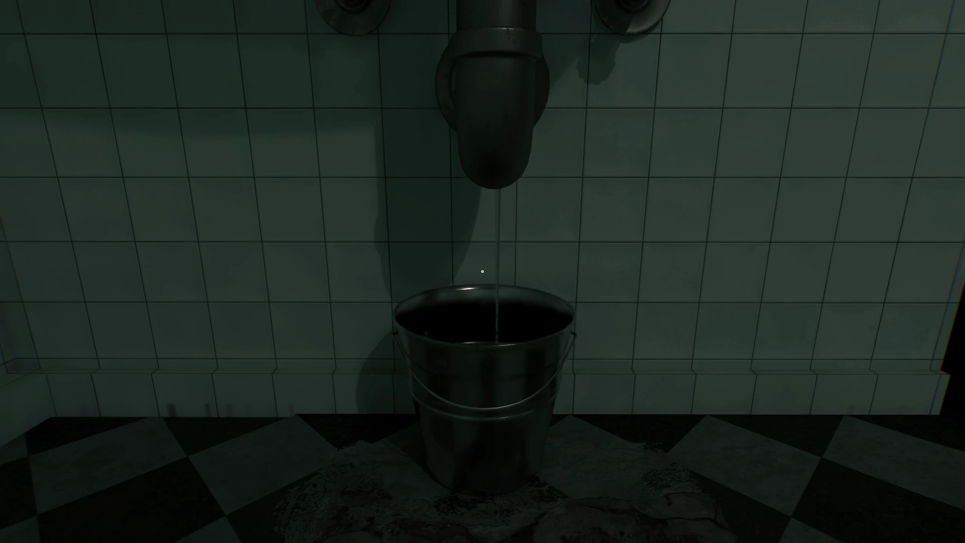 A drip falling from a bathroom sink trap into a steel bucket on a checkered floor in PROPERTY INSPECTION by Amir Dayyef.