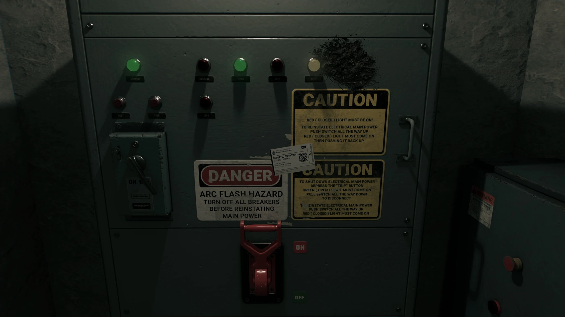 A breaker cabinet with DANGER and CAUTION signs and an S.C.S. sticker in a concrete closet in PROPERTY INSPECTION.