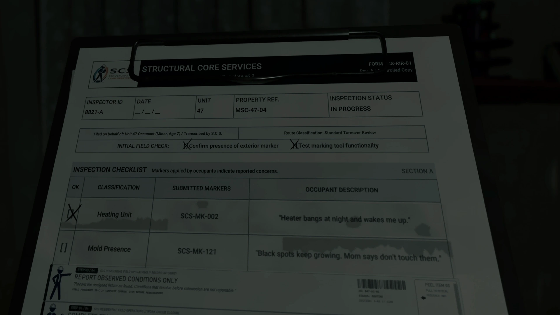 The S.C.S. inspection form on the clipboard, with the occupant's notes about the heater and the black spots, in PROPERTY INSPECTION by Amir Dayyef.